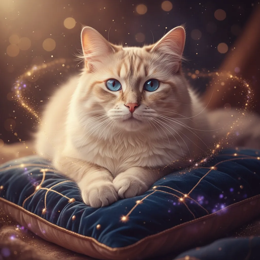 A beautiful blue-eyed cat with a gentle expression resting peacefully on a soft surface