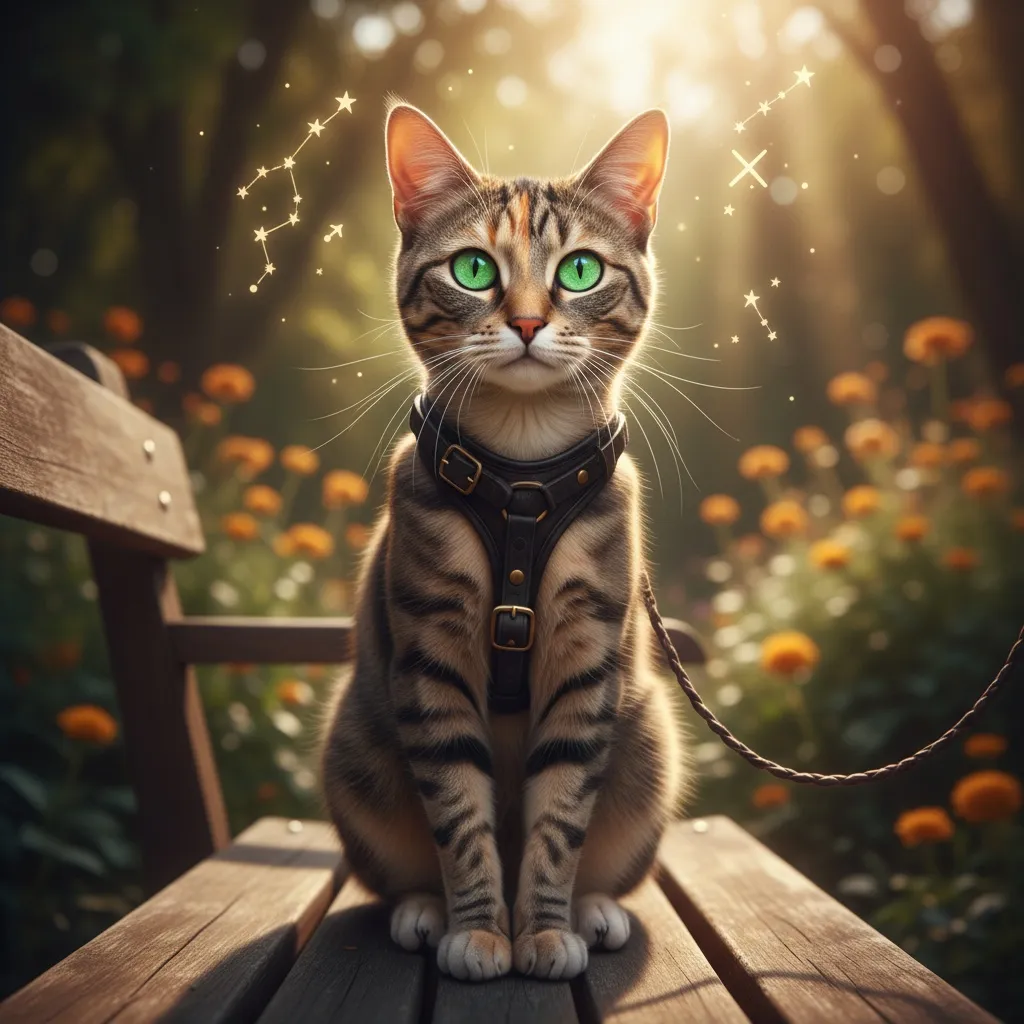 A curious cat with bright eyes exploring outdoors on a leash