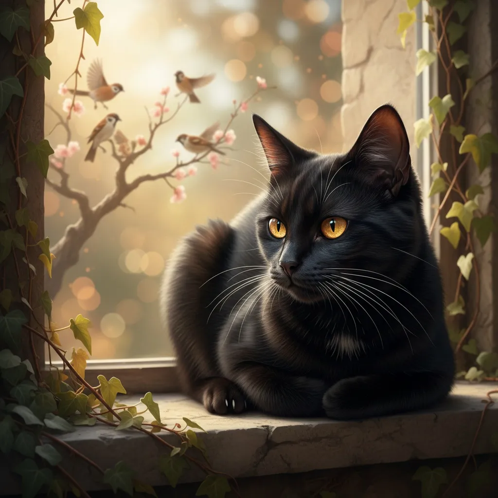 A focused cat observing birds from a hidden vantage point with complete concentration