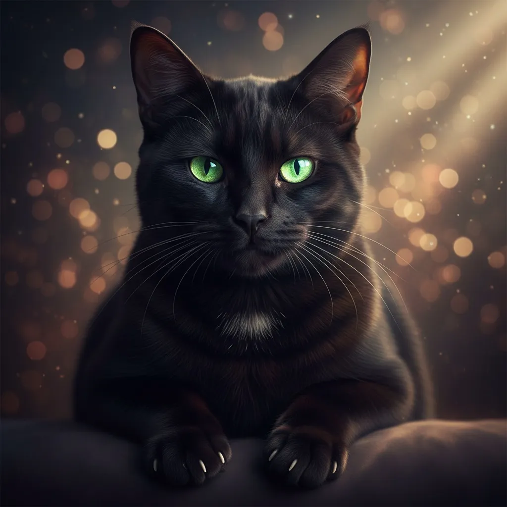 A striking black cat with luminous green eyes sitting in shadow with an intense, knowing gaze