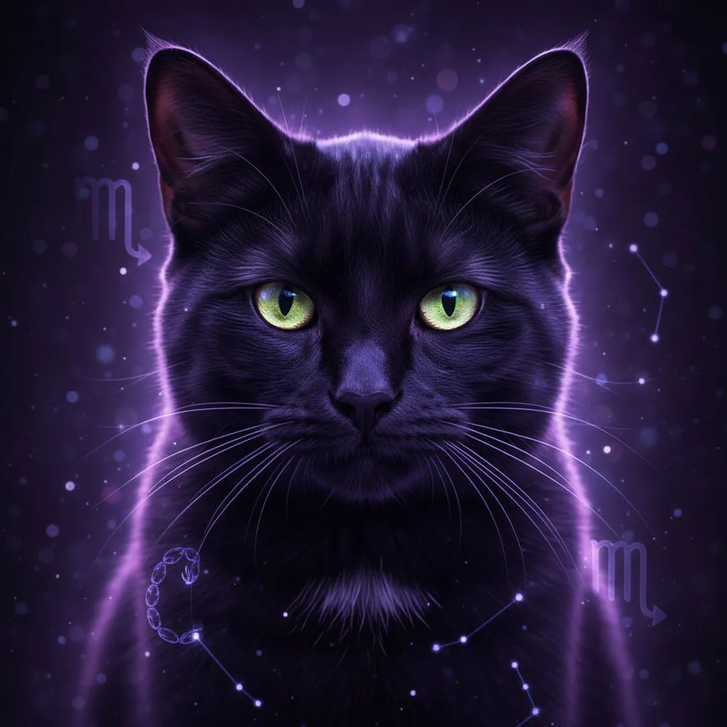 An intense black cat with piercing yellow eyes gazing mysteriously into the distance