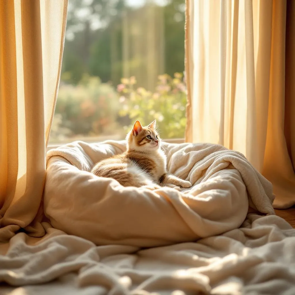 A cozy cat bed with soft blankets in a warm sunny spot by the window