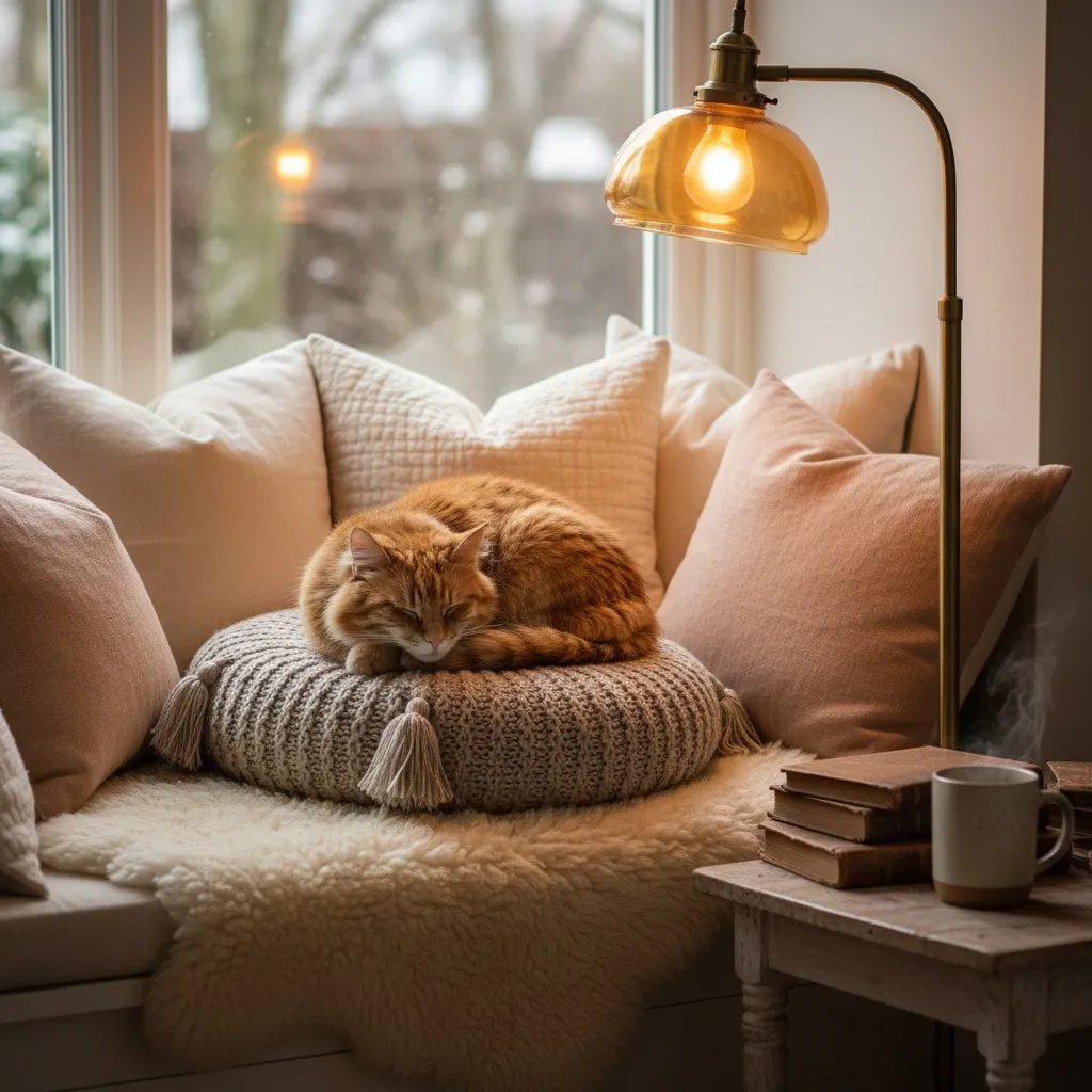 A comfortable reading nook with soft cushions and a peaceful cat resting nearby