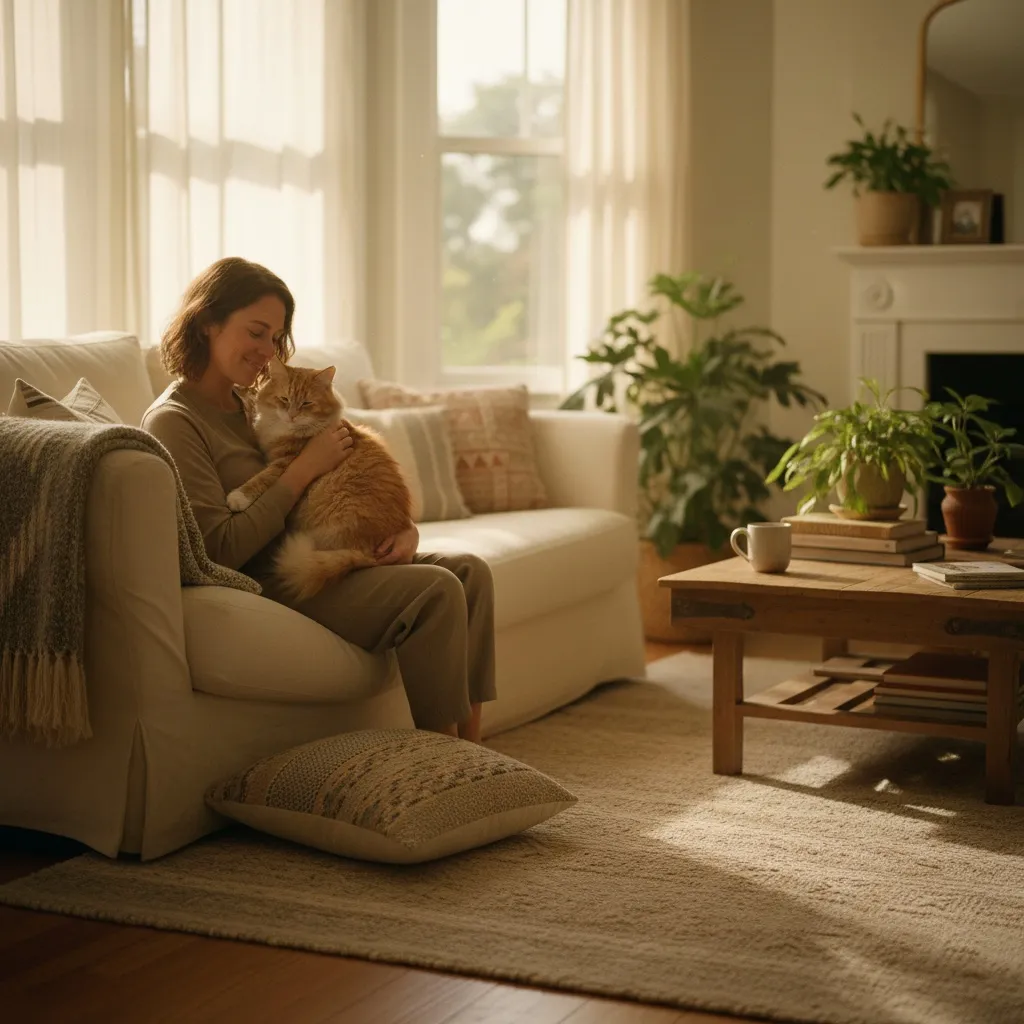 A person and cat sitting peacefully together in a calm living room environment