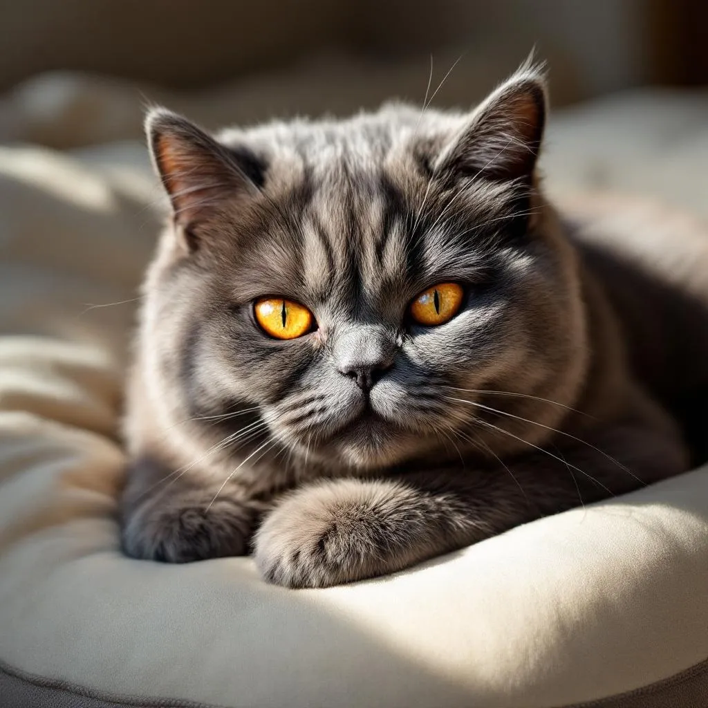 A content British Shorthair cat relaxing in a sunbeam with half-closed eyes