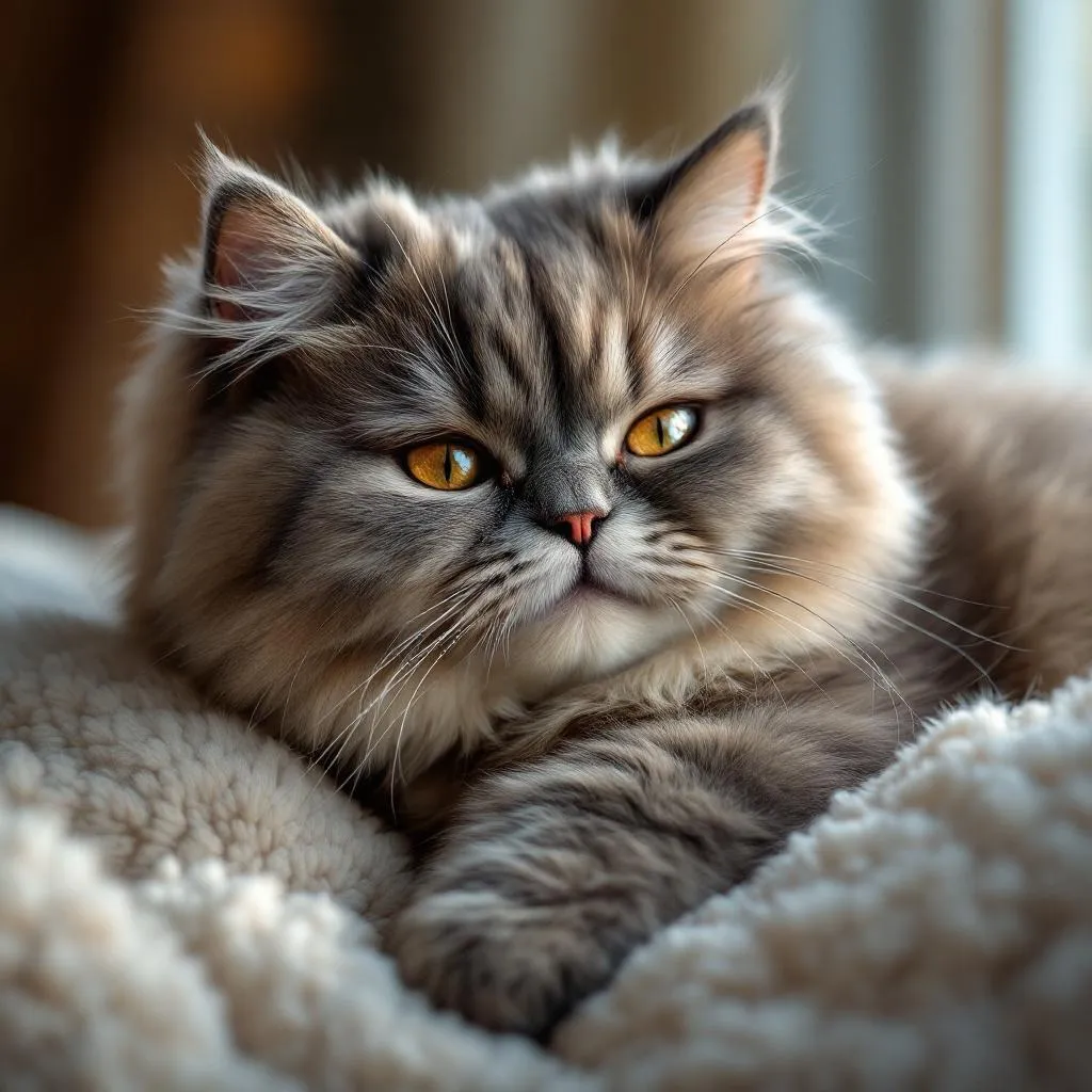 A plush British Shorthair cat relaxing contentedly on a soft cushion