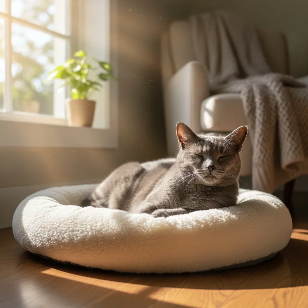 A content Russian Blue cat relaxing on a perfectly arranged cat bed near a sunlit window