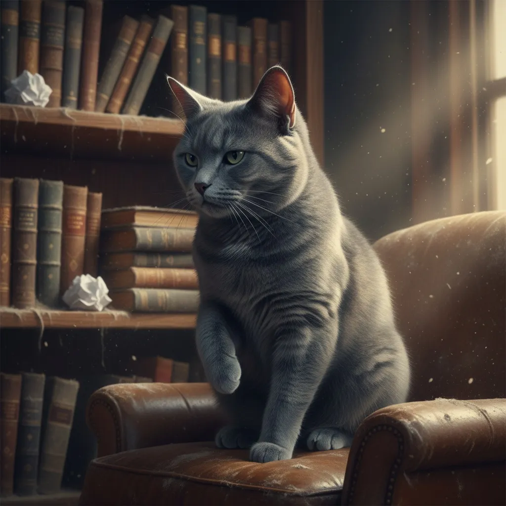A fastidious cat sitting near a dusty bookshelf with an expression of mild disapproval