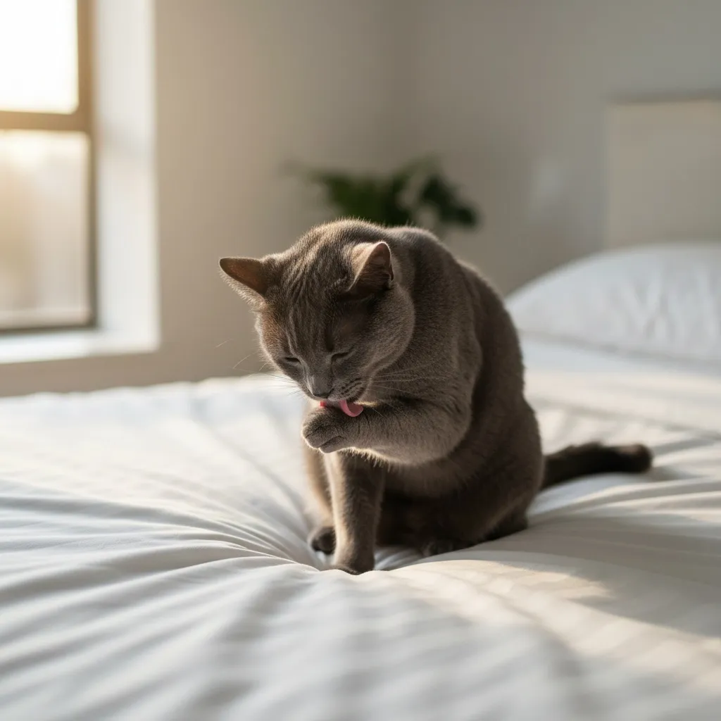 A fastidious cat grooming itself with great care on a freshly made bed