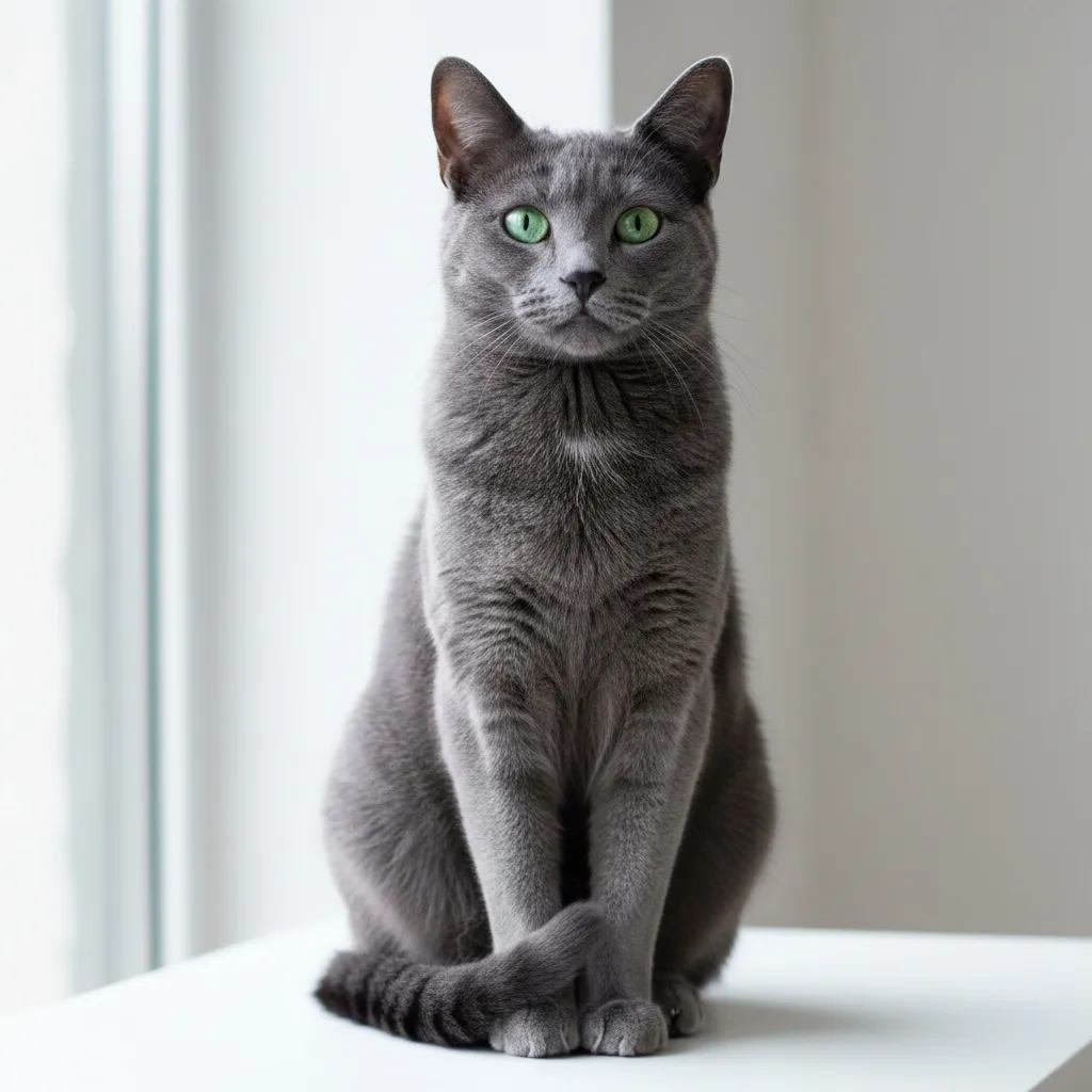 An elegant Russian Blue cat sitting with perfect posture on a pristine white surface