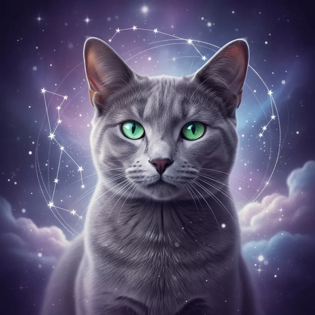 An elegant gray cat with emerald green eyes sitting primly on a clean surface