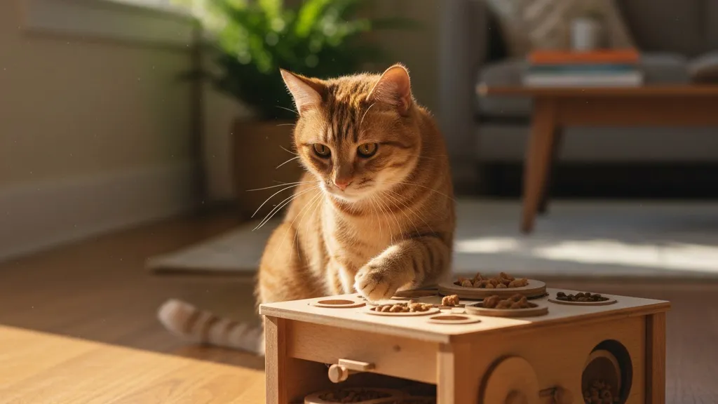 A cat using a puzzle feeder to obtain treats, engaging hunting instincts through problem-solving behavior