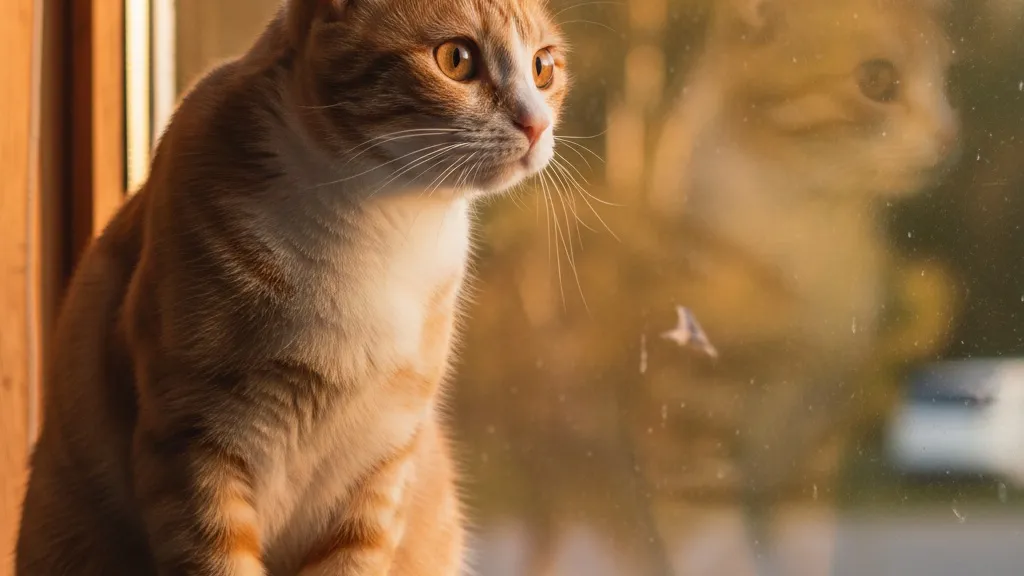 A curious cat sitting at a window watching birds outside, with an alert expression