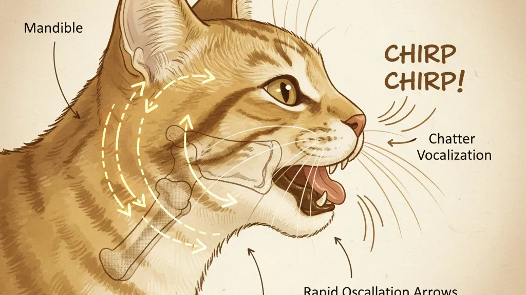 An illustrated diagram showing a cat's jaw structure and the rapid movement involved in the chirping or chattering sound
