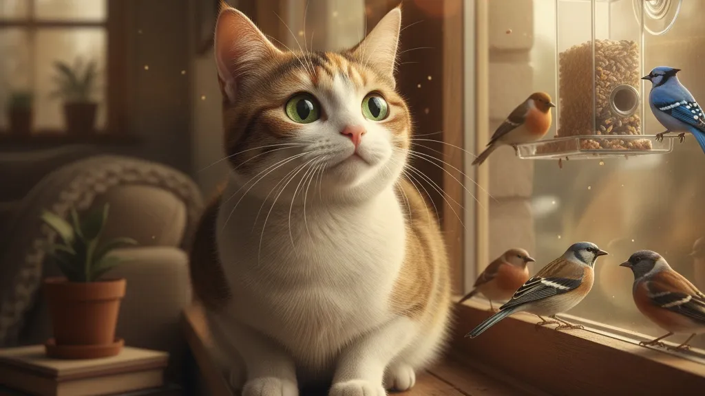 A happy cat with alert eyes watching birds at a window feeder, showing contentment and engagement with bird television
