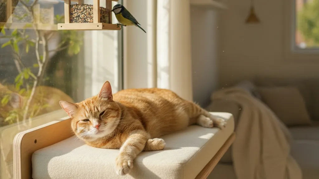 A comfortable cat window perch with a bird feeder visible outside, showing an ideal setup for bird-enthusiast cats