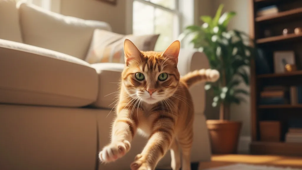 An orange tabby cat mid-sprint through a living room with motion blur