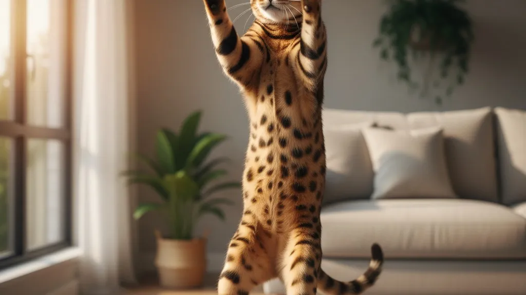A Bengal cat leaping dynamically showing its athletic build and energy
