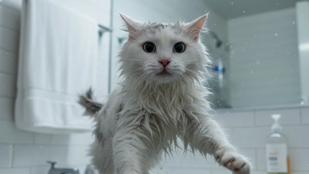 A wet cat looking startled and energetic immediately after a bath