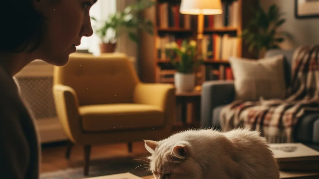 A concerned cat owner observing their cat with a thoughtful expression
