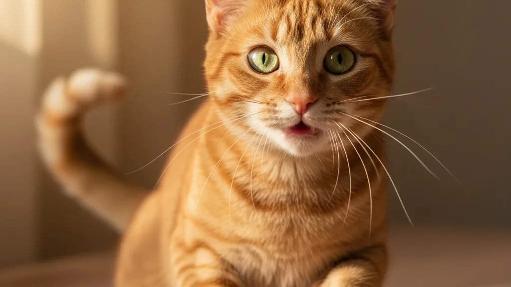 A happy cat with wide eyes and perked ears looking energetic and ready to play