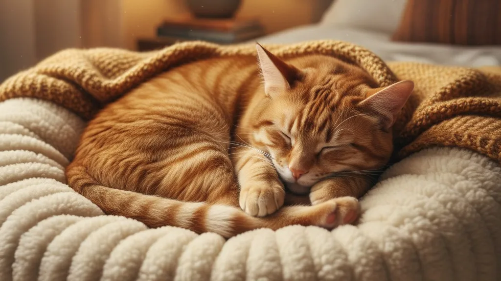 A tired cat curled up in a cozy bed ready for evening rest