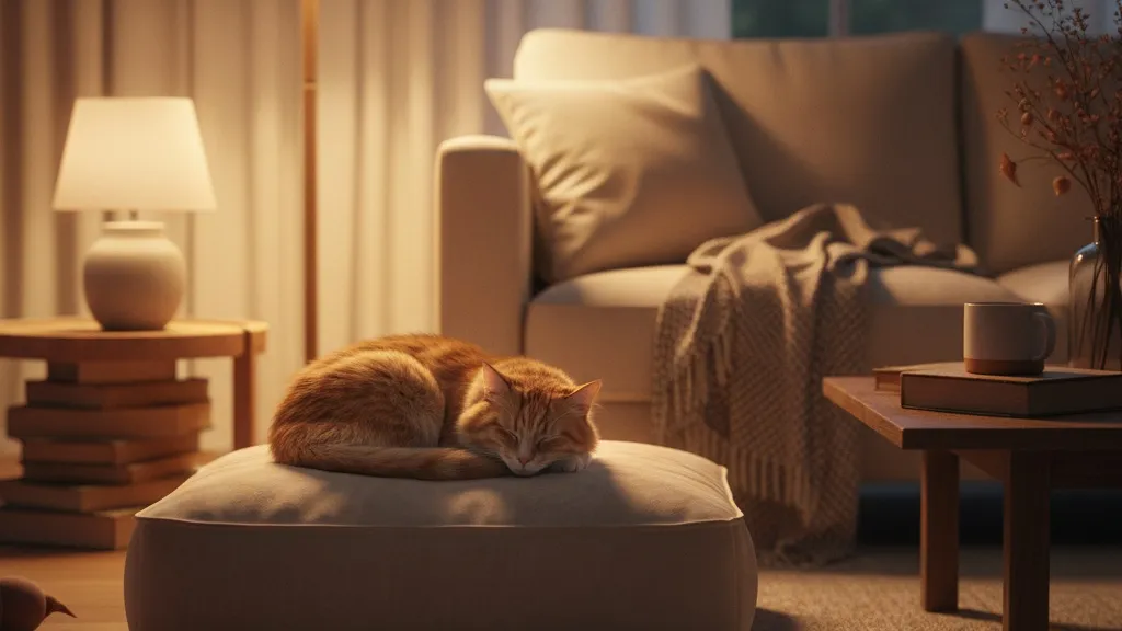 A cozy living room with dim evening lighting and a peaceful sleeping cat