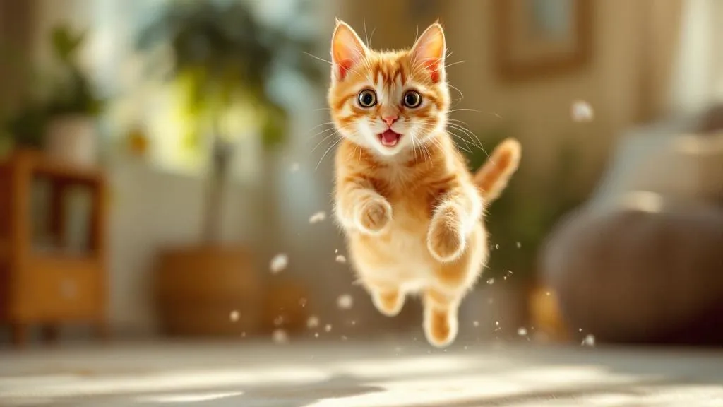 An orange tabby cat mid-leap, eyes wide with excitement during a zoomies episode