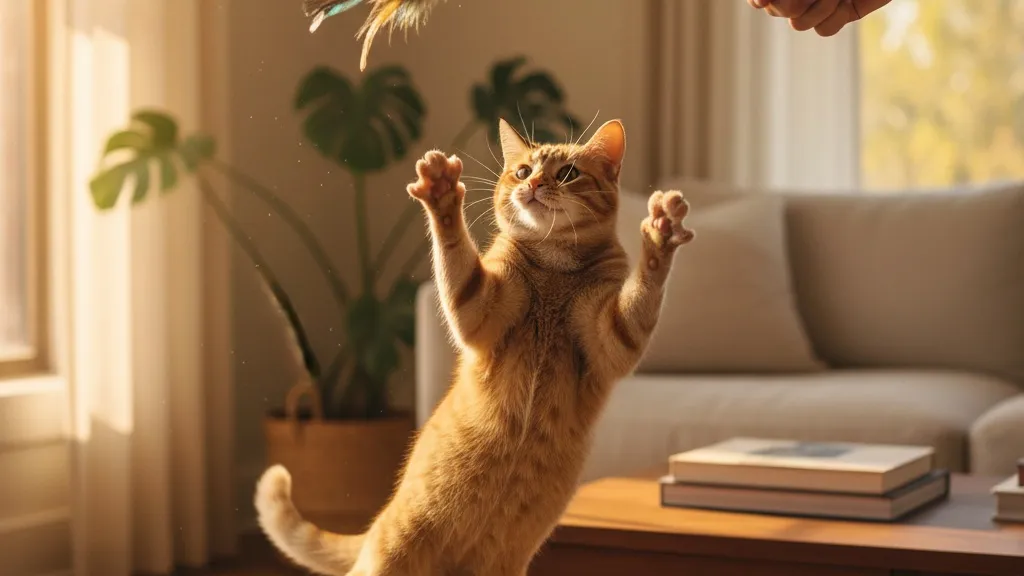 A person playing with a cat using an interactive feather wand toy