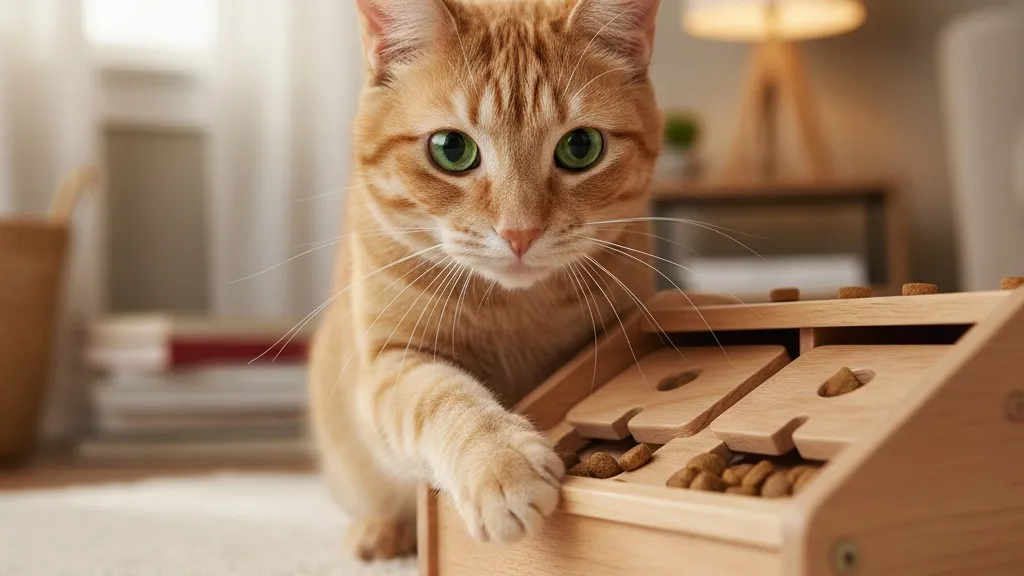 An indoor cat playing with a puzzle feeder, demonstrating how enrichment activities keep indoor cats mentally stimulated