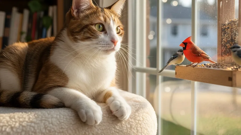 A happy indoor cat enjoying a window perch with bird feeder view, showing how indoor cats can have engaging experiences