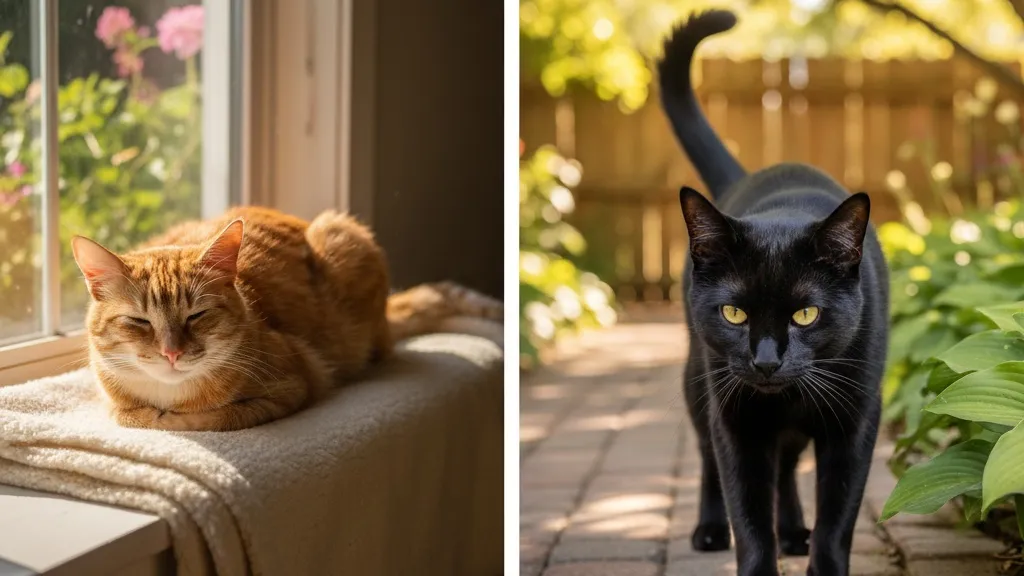 A content indoor cat lounging by a sunny window alongside an outdoor cat exploring a backyard safely