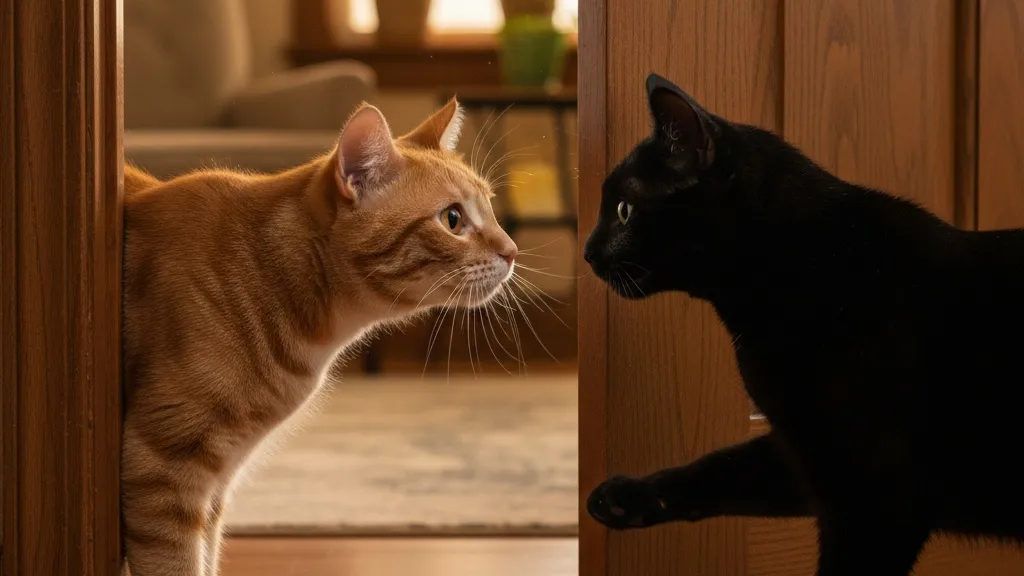 Two cats cautiously sniffing each other through a cracked door during the introduction process