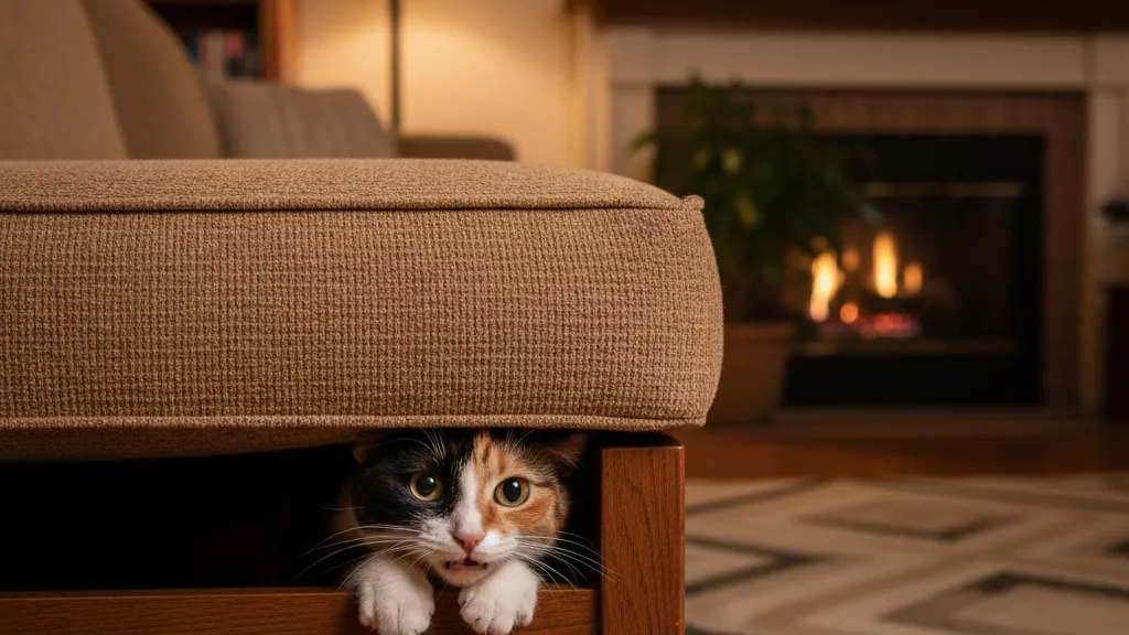 A cat showing classic stress signals by hiding under furniture with a tense body posture
