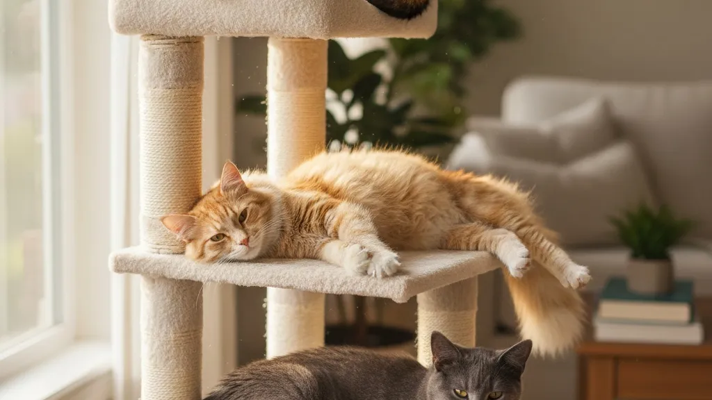 Three cats peacefully coexisting on a cat tree together, demonstrating successful multi-cat household harmony