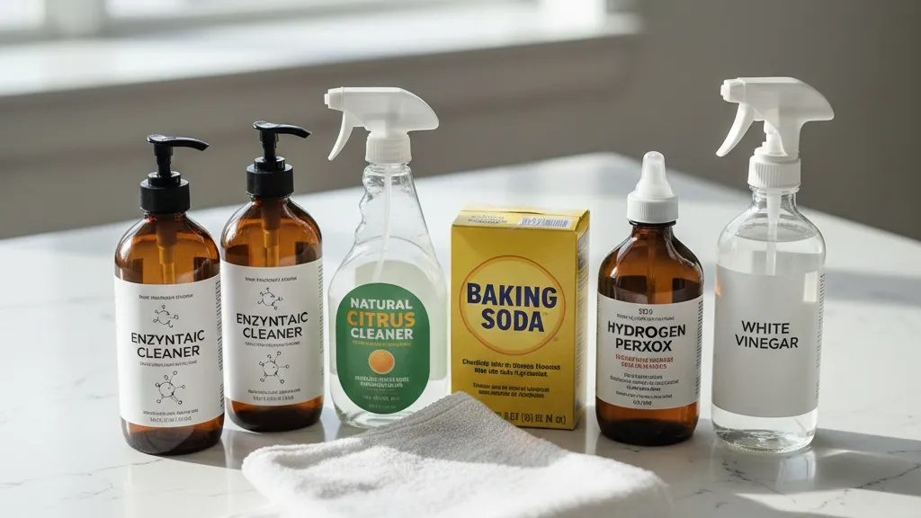A collection of pet-safe cleaning products including enzymatic cleaners and natural alternatives displayed on a countertop