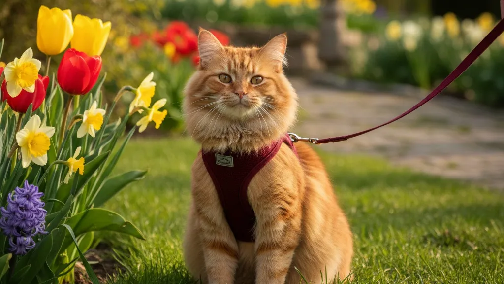 A happy cat wearing a properly fitted harness enjoying supervised outdoor time in a spring garden