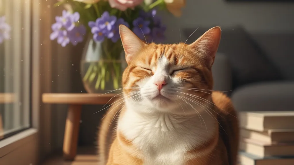 A happy cat sitting in a sunbeam with spring flowers in the background