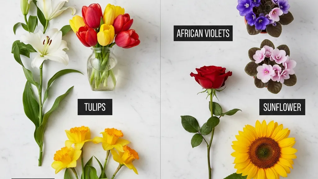 A visual comparison showing toxic spring plants including lilies and tulips alongside safe alternatives like roses and African violets