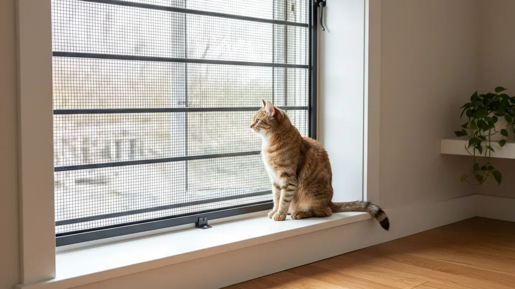 A secure window setup with a sturdy pet safety screen and window guard protecting an open window in a home with a cat nearby