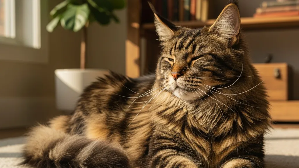 A Maine Coon cat with a content expression showing its distinctive large size