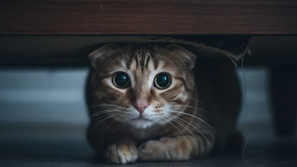 A cat hiding under furniture looking stressed or unwell