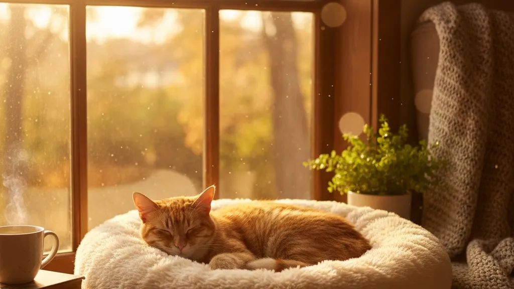A cozy cat bed placed in a warm sunny spot by a window