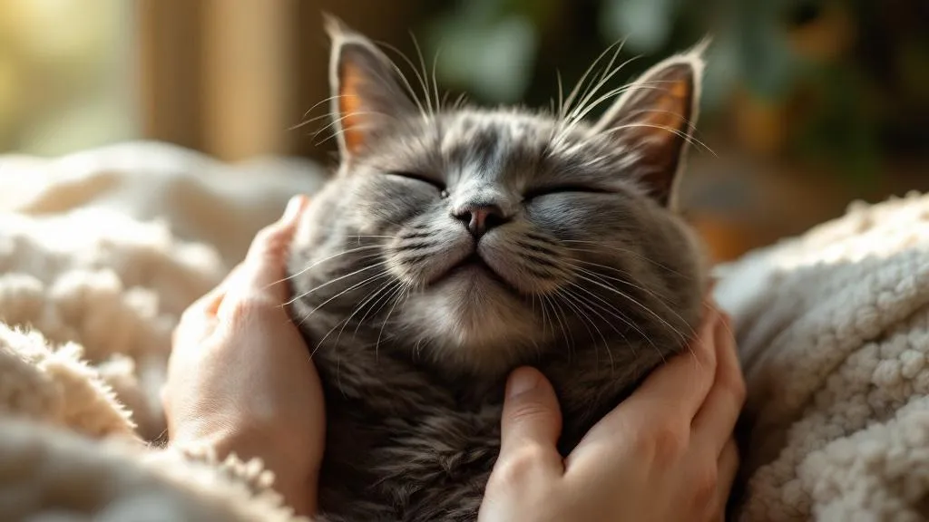 A content gray cat with eyes half-closed, purring while being petted