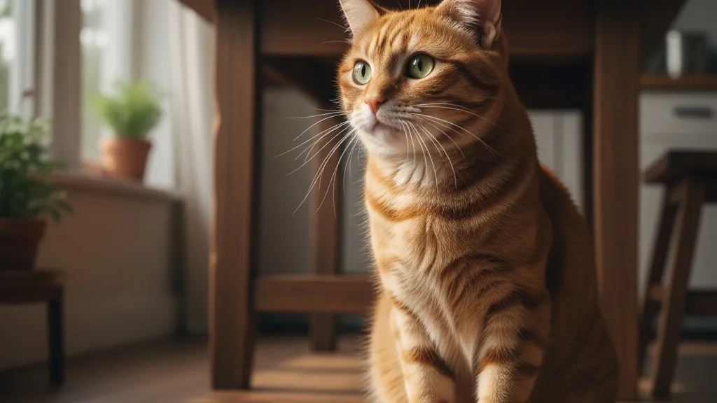 A cat purring while looking at their food bowl with hopeful eyes