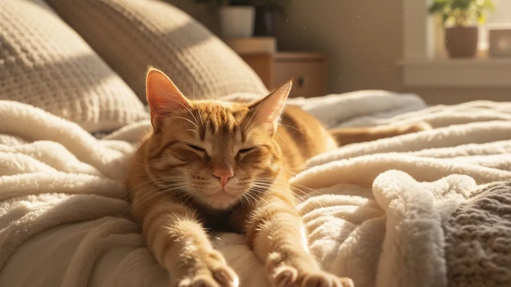 A content adult cat stretching comfortably on a cozy bed with paws extended