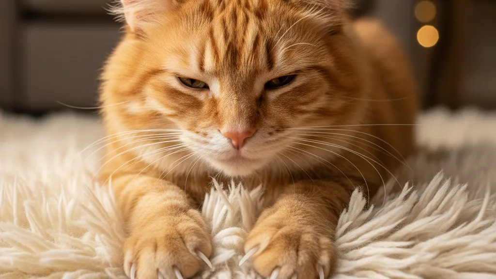 A cat kneading with claws gently extended on a plush surface