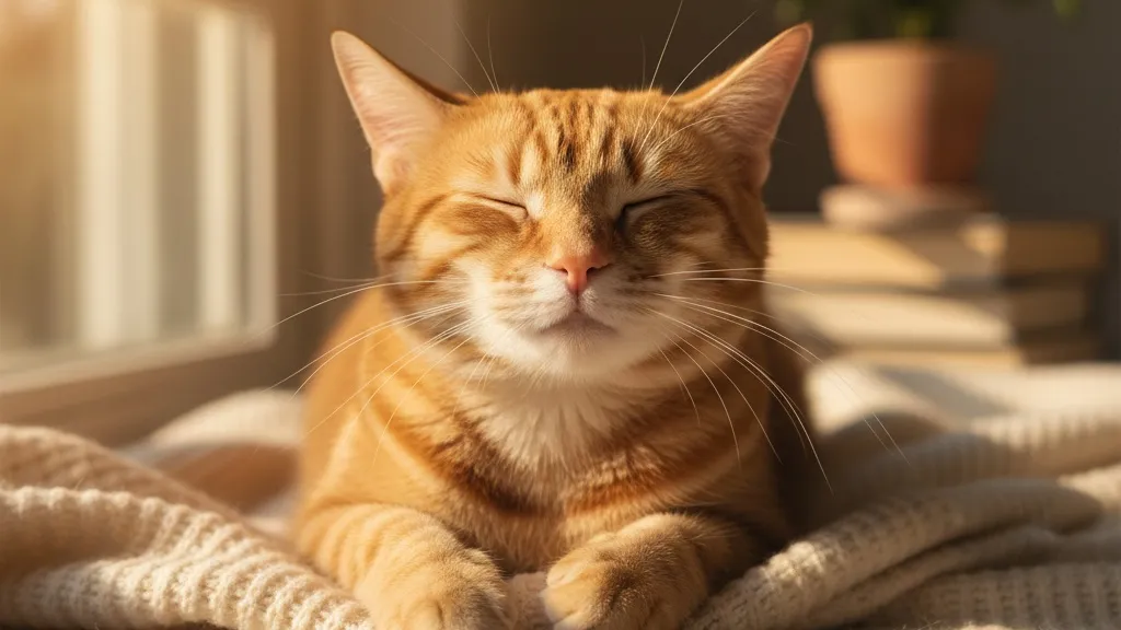 A content tabby cat kneading a soft blanket with eyes closed and a gentle expression