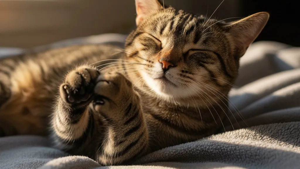 A content tabby cat kneading a soft blanket with eyes closed