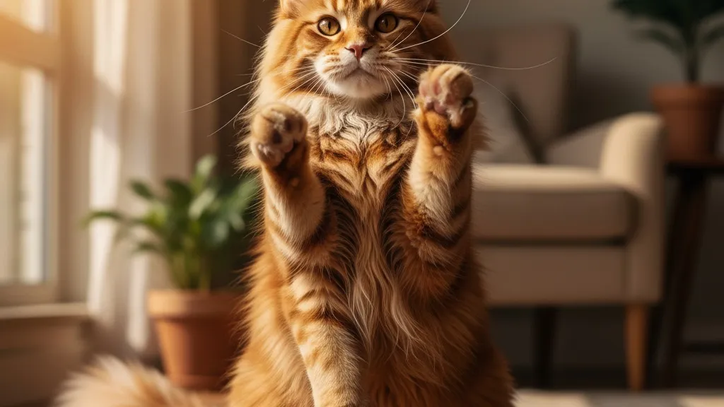 A large Maine Coon cat with paws raised high while kneading